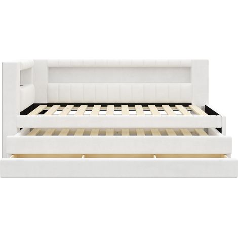 Letto da giorno imbottito 90x200 bianco con USB, LED, letto estraibile e 3 cassetti (1/5)