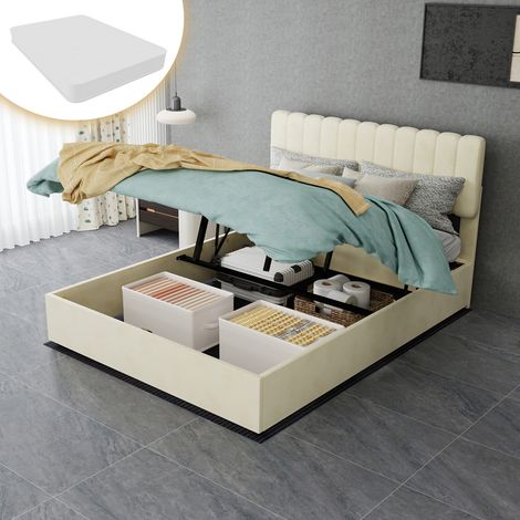 Lit rembourré moderne et minimaliste avec tête de lit douce et confortable, 140x200 cm, beige, meuble de chambre multifonctionnel, sommier de rangement haut, matelas 140200cm inclus. (1/5)