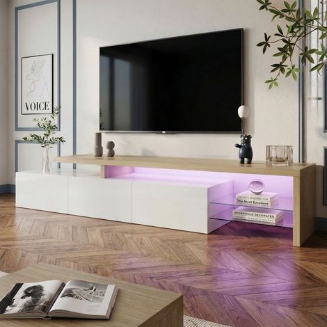 Mueble de TV moderno, blanco lacado, con estantes de vidrio, iluminación LED, 3 puertas, 200 cm, mueble de salón. (1/5)