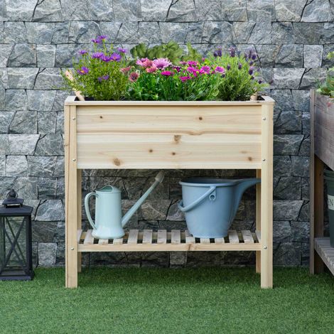 Jardinière sur pieds potager avec étagère à lattes 90 x 40 x 81 cm inserts d'irrigation. géotextile inclus bois massif