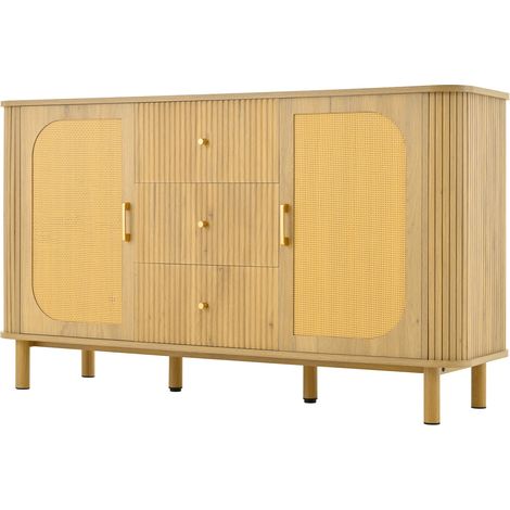 Mobile TV sideboard in MDF naturale 140 x 40 x 80 cm con ante in rattan e 3 cassetti (1/5)