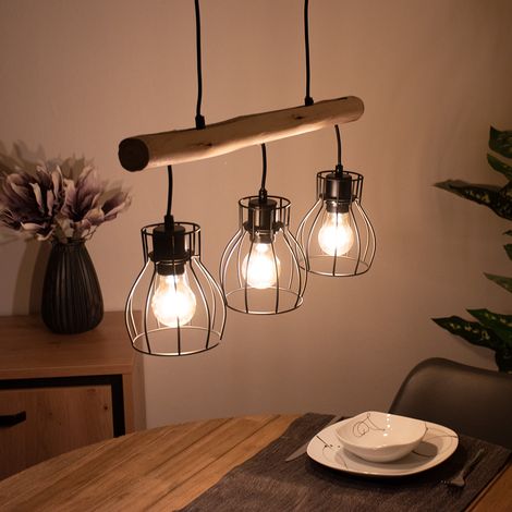 Etc-Shop – Plafonnier vintage en métal noir et bois – Abat-jour treillis – 3 douilles E27 – Longueur 60cm – Degré de protection IP20 (1/5)