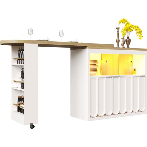 CHICFURN Mesa de bar extensible 135-205 x 39 x 100 cm en MDF blanco con LED, ruedas y almacenaje (1/5)