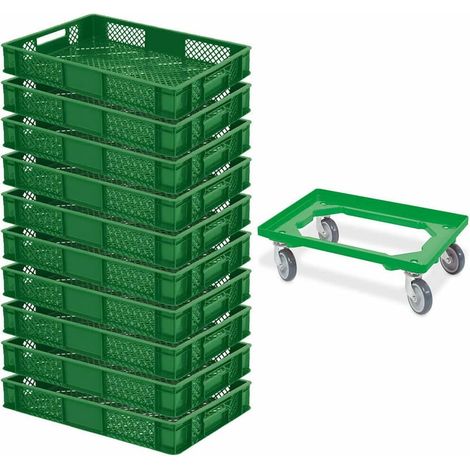 BRB Lot de 10 bacs Euro 600 x 400 x 90 mm (L x l x H) - Qualité industrielle - Convient à un usage alimentaire + 1 chariot de transport - Vert
