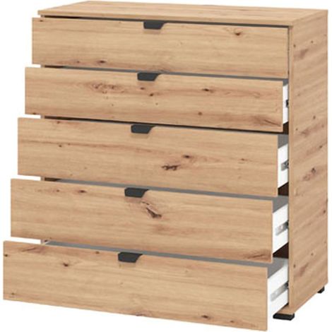 Mainarda Kommode, 5 Schubladen, Schiebeöffnung, Schiebeverschluss, 90x40x95h cm Eichenholz Braun Knoten