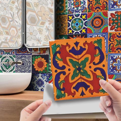 24 Pices Carreaux Autocollants Mandala Colors 15x15cm, Cuisine Salle De Bain Stickers Bibliothque, Pvc Stickers, Vintage Wall Stickers Waterproof (1/5)