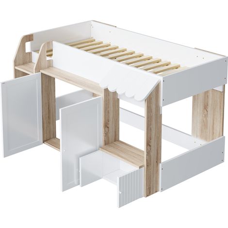 Letto a soppalco per bambini a casetta 90 x 200 cm in legno bianco e naturale con scala (1/5)