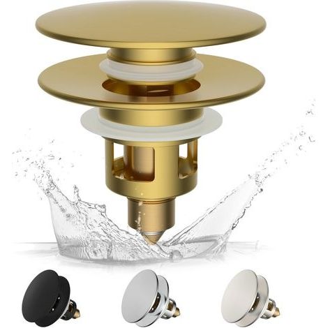 Bouchon Lavabo Salle de Bain avec Filtre de Drain, Universel à Noyau en Laiton à Pousser, Bouchon Baignoire Remplacement,25-46mm - Or Brossé (1/5)