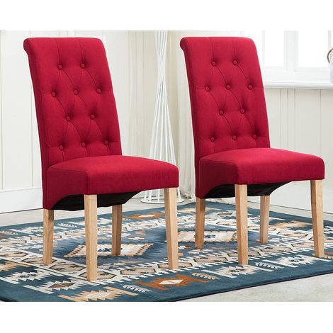 2 x Lined Fabric Dining Chairs Roll Top Scroll High Back home& restaurants RED