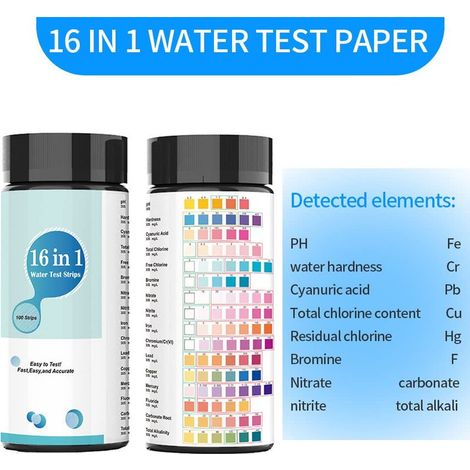 Kits de Analyse de l'Eau de Piscine, 50 Bandelettes 16 en 1, Kits de Test d'Eau pour Eau Potable et Puits, Bandelettes de Test d'Eau avec Dureté, PH, Plomb, Fer, Cuivre, Chlore, et Plus Encore