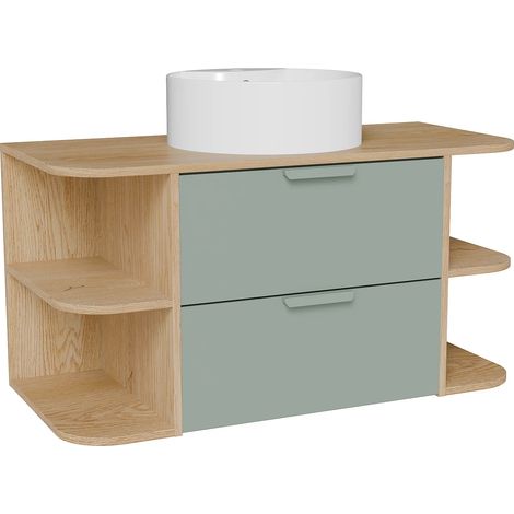 Mobile bagno sospeso con nicchie e lavabo da appoggio rotondo Verde acqua e naturale chiaro L100 cm – AVORELI (1/5)