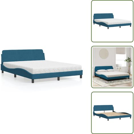 Lit avec matelas bleu 160x200 cm velours - Lit Double - Lit Plateforme - Lit Design - Lit Velours - Literie (1/5)