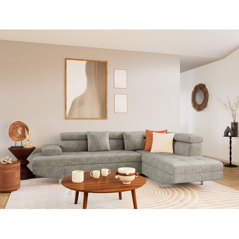 Bestmobilier – Canapé d'angle droit 5 places convertible – Coffre de rangement – Têtières réglables – Velours texturé – 258x188cm – Style contemporain