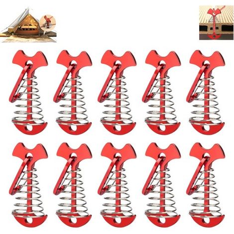 10 pièces - Piquets de tente - Piquets de tente en aluminium - Attaches de corde avec mousquetons - Rouge - Piquets à chevrons - Ancrages de terrasse à chevrons - Piquets de tente avec mousquetons - A (1/5)