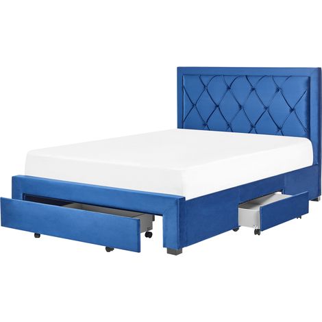 Cama con almacenaje de terciopelo azul marino 140 x 200 cm cajones cabecero alto capitoné glamuroso Lievin