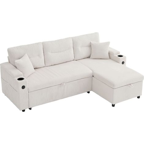 Canapé Droit 3 Places avec Rangement, Porte-Gobelets et USB-C, Chaiselongue Hydraulique, Corduroy Beige (1/5)