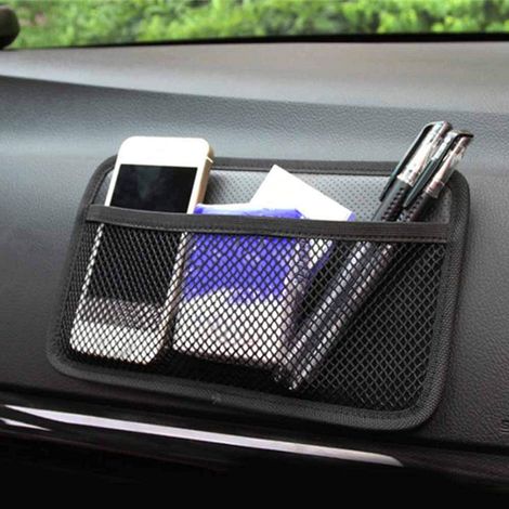 Organisateur de rangement adhésif pour voiture, sac filet à poches en maille, sac de rangement latéral pour siège auto, sac à main, sac à main, téléphone (1/4)