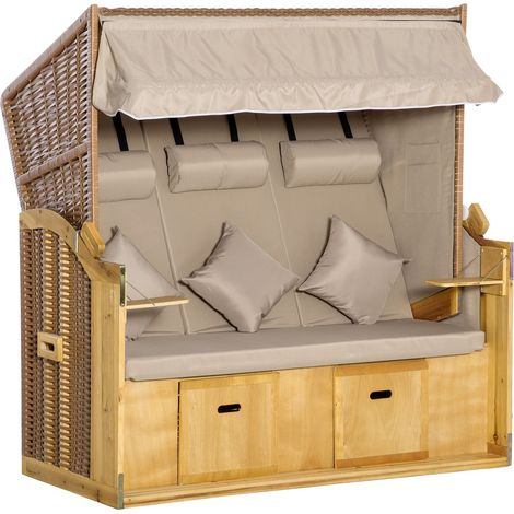 Strandkorb 3-Sitzer Sonnenliege mit Dach und 2 Klapptischen, Fußstütze, XXL Polyrattan Natur, 150x79x160cm für Garten & Terrasse .de