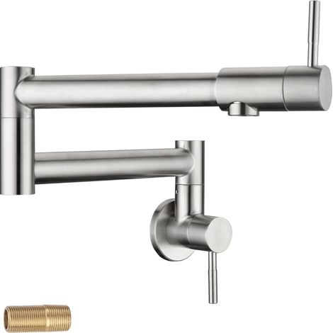 Irovami Grifo de pared LexaFill – Acero inoxidable níquel pulido, brazos articulados dobles, puente para llenar ollas – Cocina, fregadero (1/5)