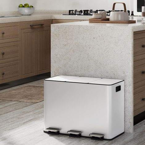Praktisches 3-fach Mülltrennsystem – Küchen Tretmülleimer 45L (3 x 15L) aus Edelstahl – Soft-Close Deckel, herausnehmbare Inneneimer, Griffe – Idealer Abfalleimer (1/5)