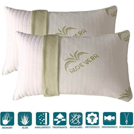 EVERGREENWEB - Coppia Cuscini Memory Foam Saponetta con Fodera ALOE VERA 40x70 alti 15 cm 2 Guanciali Letto per Dolori Cervicali tessuto Sfoderabile Imbottitura 100% Fiocco Antiacaro x tutti Materassi
