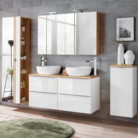 Badmöbel Set Hochglanz weiß & Wotaneiche TOSKANA-56 mit Waschtisch inkl. Keramik-Waschbecken, LED-Spiegelschrank und Wäschesammler, (1/5)