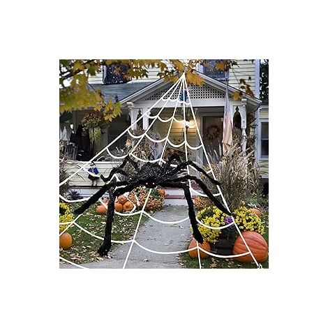 Toile d'araignée Deco Halloween, Ensemble Décorations d'halloween, 5 m Toile Araignée Triangulaire, 150 cm Araignée Géante, Halloween Decoration Fête, Interieur, Exterieur, Jardin (1/5)