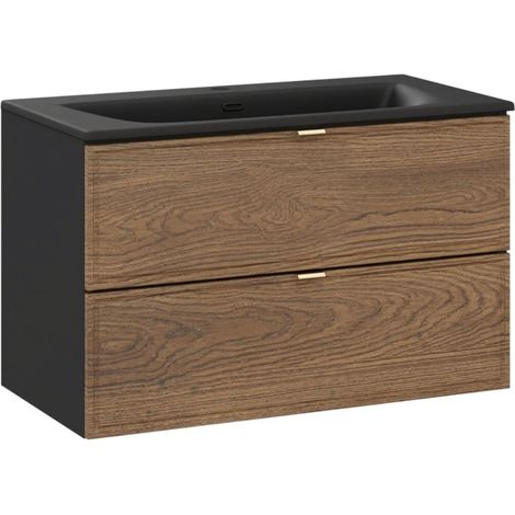 Badezimmer-Set SAVIA: Waschtischunterschrank 80cm + schwarzes Einbauwaschbecken
