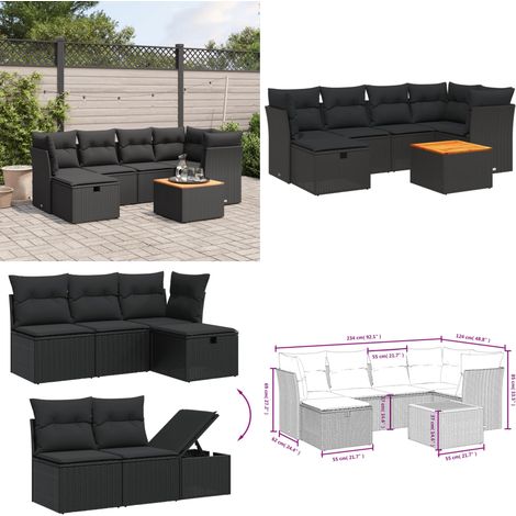 Salon de jardin 7 pcs avec coussins noir résine tressée - Ensemble Salon De Jardin - Mobilier Extérieur - Canapé Jardin - Chaise Lounge - Table Basse - Home & Living (1/4)