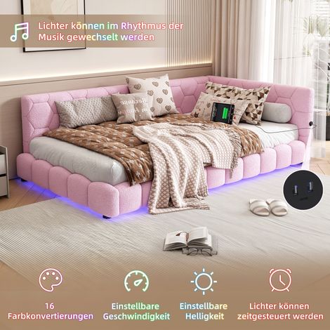 Lit de jour 90×200cm rose faux polaire,base lattes sans matelas,LED 16 couleurs,USB/Type-C,matériau doux et confortable