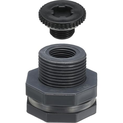 Raccord de Cloison en PVC avec Bouchon G 1/2, Connecteur de Réservoir d'eau à Double Filetage avec Joint d'Étanchéité en PVC pour Seau de Pluie, Éviers, Gris (1/5)