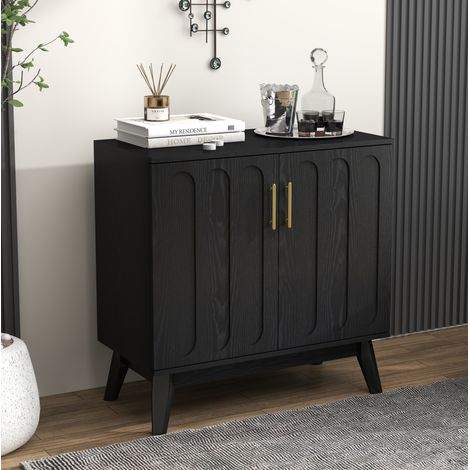 Aparador vintage con frentes ranurados, estantes ajustables y sistema de gestión de cables, mueble de almacenamiento en madera y MDF negro. (1/5)