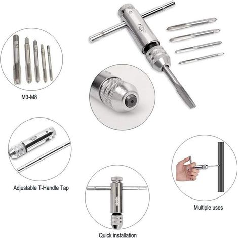 T Barre Poignée Porte-taraud à cliquet, Clé à taraud réglable avec 5pcs M3-M8 3mm-8mm filetage de vis à métaux à fiche métrique en forme de T de taraudage (1/3)