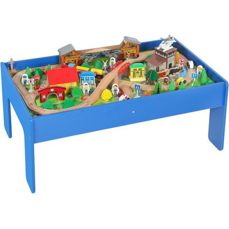 Table de jeu, circuit de train en bois de 108 pièces, plateau amovible, 98 x 60,5 x 40 cm, bleue (1/5)