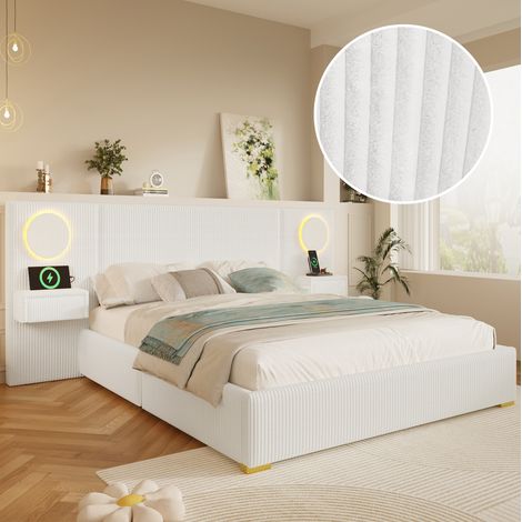 Polsterbett 180x200 cm in Beige aus Samt mit LED-Kopfteil, USB-Anschlüssen und Nachttisch-Schubladen (1/5)