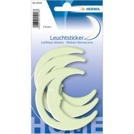 HERMA 15018 Adesivi luminosi per bambini, a forma di luna (3 adesivi luminosi, plastica, fluorescenti) Autoadesivi, rimovibili e riutilizzabili, decorazione per la cameretta dei bambini, 16 x 9 cm