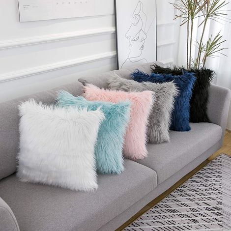 Housse De Coussin - Fausse Fourrure - Gris Clair - Carrée 40x40 Cm - Fermeture Éclair Cachée - Lot De 2 (1/5)