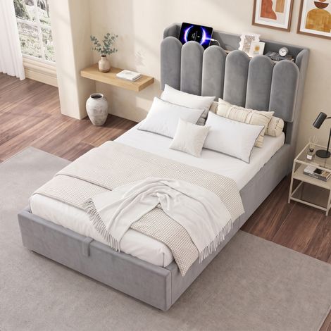 Kinderbett 90x200 cm aus grauem Samt mit Stauraum, USB-C und Lampe – MEUBLIV (1/5)
