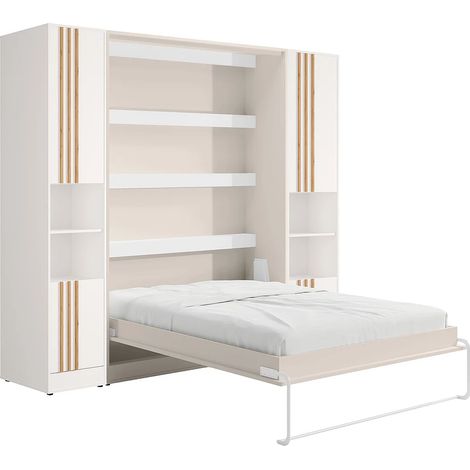 Letto a scomparsa verticale 140 x 200 cm 2 colonne contenitore Con doghe e LED Beige - - RAPILI (1/4)