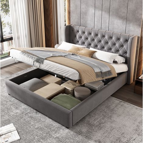 Lit double moderne 140x190 cm en velours gris, avec tête de lit rembourrée, coffre hydraulique et sommier à lattes (1/5)