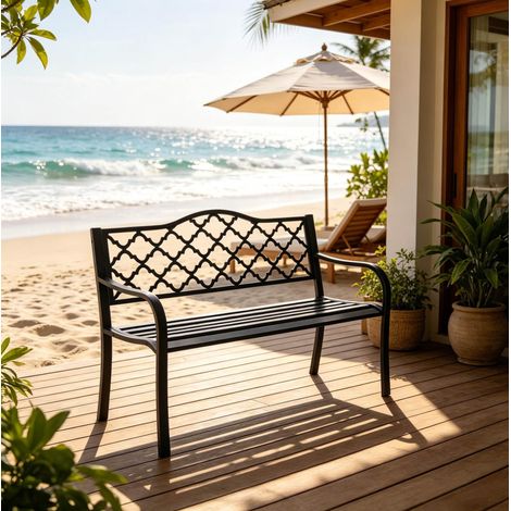 Banco de jardín 128x60x89 cm, asiento profundo, respaldo alto ergonómico, metal y hierro fundido negro (1/5)
