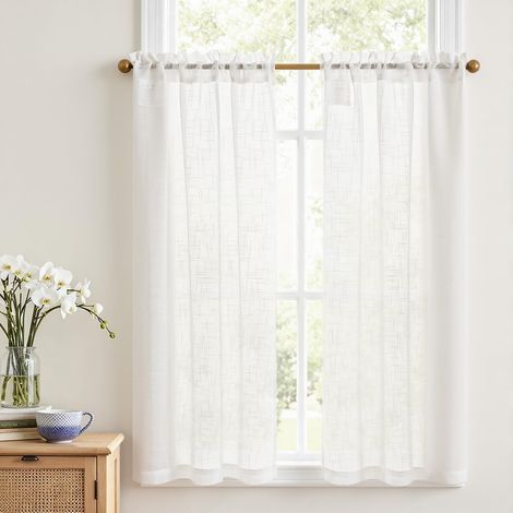 Rideau Cuisine Voilage Blanc Salon Chambre Fenetre Placard 65L x 115H cm 2 Pièces Rideau sous evier Court Petit Passe Tringle Moderne Tamisant Polyester Rideaux Brise-bise Voile Boheme (1/5)