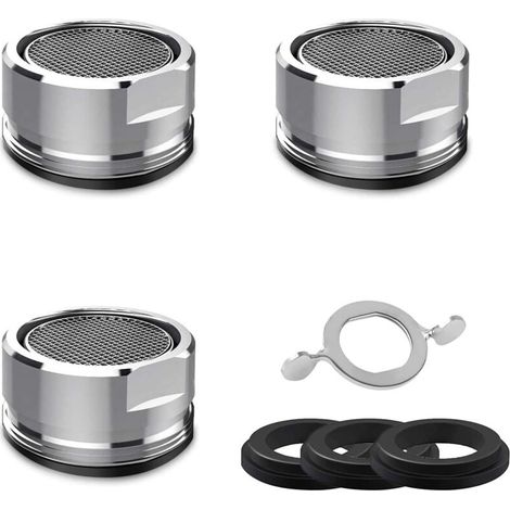 Set di 3 rompigetto M24 in acciaio inox per bagno e cucina. Include 4 rondelle e 1 chiave per rubinetti.