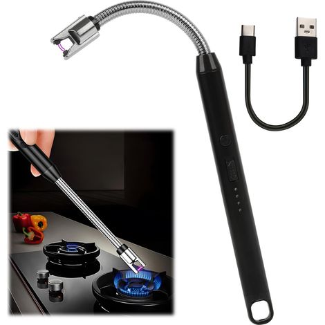 Flexible À 360° Briquet Électrique Rechargeable USB Type-C avec Affichage LED De Batterie, Long Cou, Résistant Au Vent Et sans Flamme, Idéal pour Bougies, Barbecues, Camping, Cheminées (1/5)