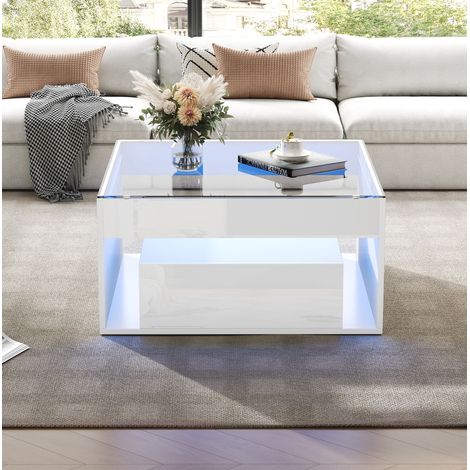 Couchtisch aus MDF in Weiß mit gehärteter Glasplatte 70 x 70 cm, 2 Schubladen, LED (1/5)