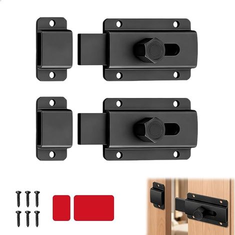 Sliding Door Lock, Interior Door Lock, Door Lock, Latch Without Drilling for Gardens, Bathrooms, Windows, Fences, Cupboards, Black (1/5)
