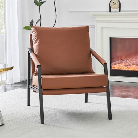 Fauteuil Crapaud Moderne en Similicuir - 67x67x80cm - Fauteuil Lounge Industriel avec Cadre en Métal Noir - Marron (1/5)