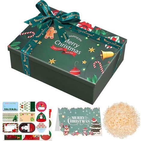 Boîte Cadeau de Noël Luxueuse avec Couvercle et Raphia, 290x220x105 mm, Verte, Inclut 18 Films Adhésifs Aléatoires et Carte (1/5)