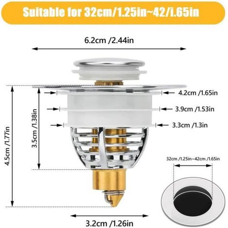 Bonde Lavabo - Bouchon Pop Up avec Filtre Anti-Encrassement - Compatible Évier Bidet Receveur de Douche - Diamètre 32 à 42 mm - Acier Inoxydable et Cuivre - 2 Pièces (1/4)