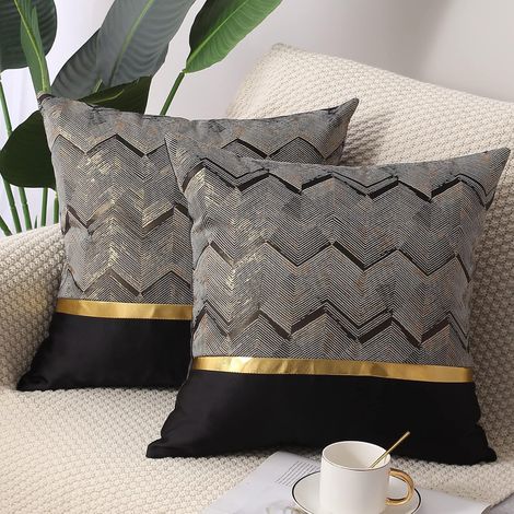 Lot de 2 housses de coussin en cuir noir doré à rayures patchwork jacquard de luxe moderne carré décoratif pour canapé-lit décoration d'intérieur 45,72 x 45,72 cm (1/5)
